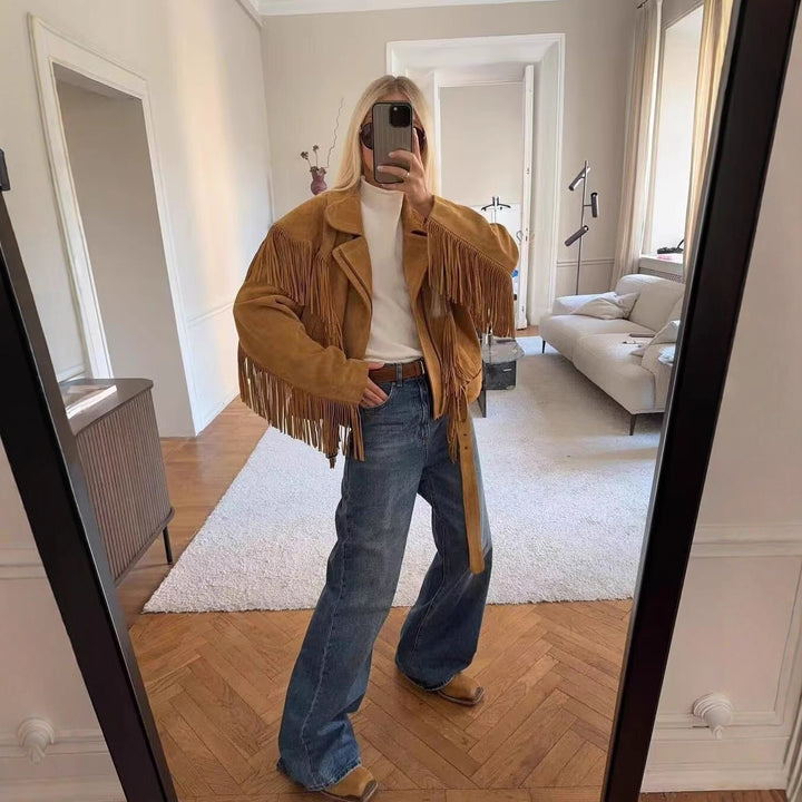 Damen Kurze Fransenjacke im Wildlederlook mit Taillengürtel Drune