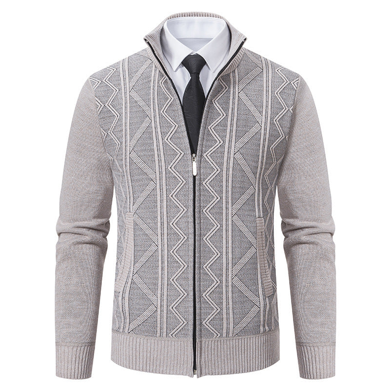 Herren Strukturiertes Feinstrick-Zipcardigan mit Stehkragen und geometrischem Zopfmuster Drune