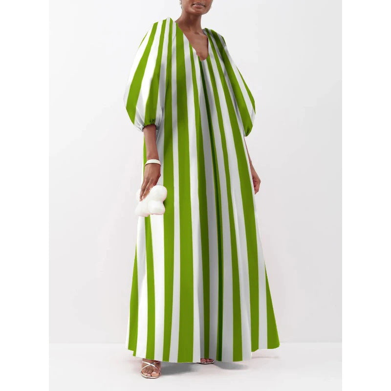 Damen gestreiftes Maxikleid mit Puffärmeln Drune