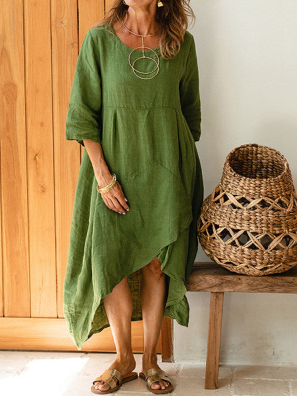 Damen asymmetrisches Sommerkleid aus Leinen mit gerafftem Saum Drune
