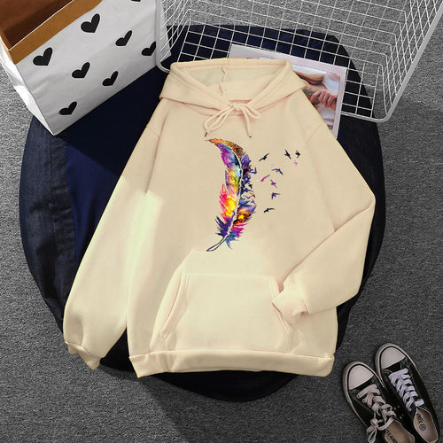 Damen nan Kapuzenpullover mit künstlerischem Aquarell‑Federmotiv, Oversize‑Schnitt und Kängurutasche Drune