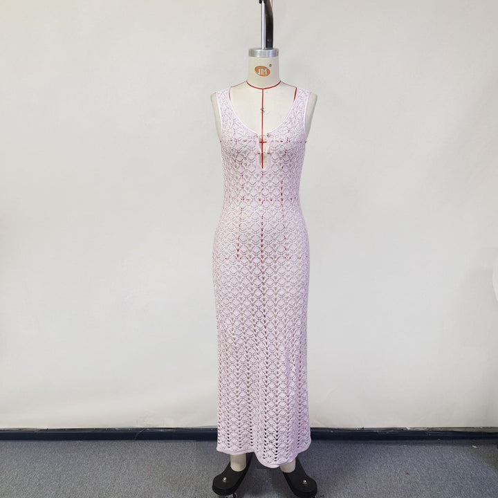 Damen Elegantes Netzkleid mit tiefem V-Ausschnitt und Knopfdetails Drune