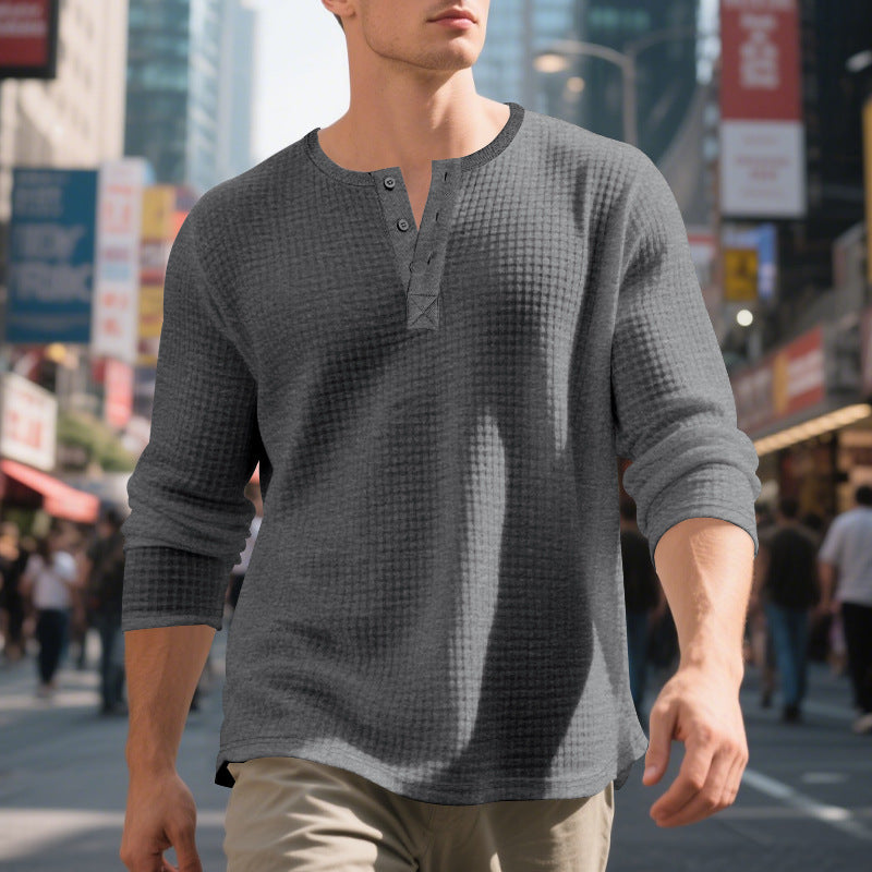 Herren nan Waffelstruktur-Henley-Langarmshirt mit Rundhalsausschnitt, mehrfacher Knopfleiste und entspannter Passform Drune