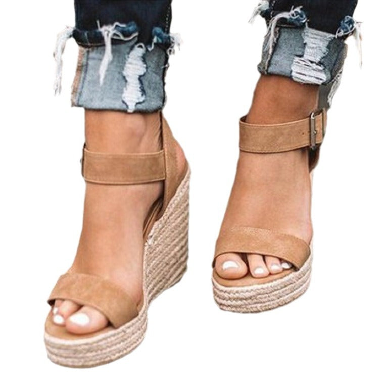 Damen Espadrille-Keilabsatz Sandalen mit Bast-Plateau und verstellbarem Knöchelriemen Drune