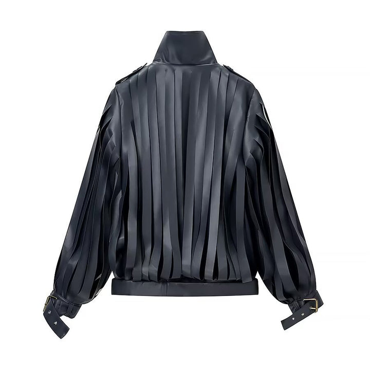 Damen Lederimitat‑Fransenblouson mit Stehkragen und Taillengürtel Drune