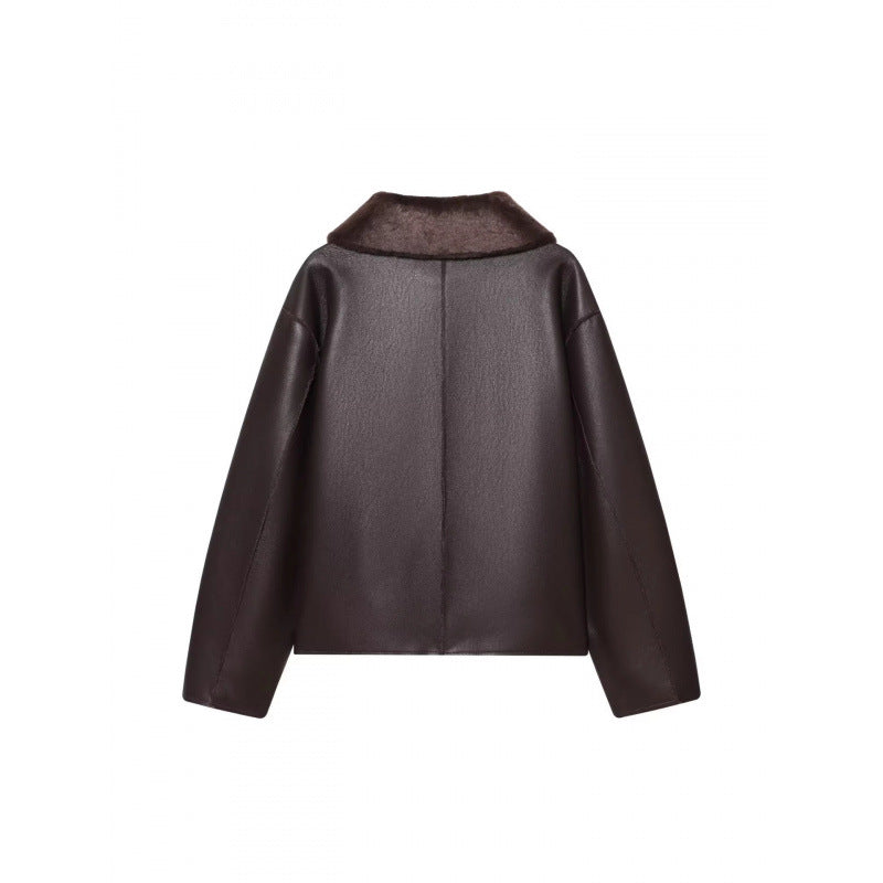 Damen Kurze Wende‑Lammfelljacke mit vollem Umlegekragen und warmer Teddyfütterung Drune