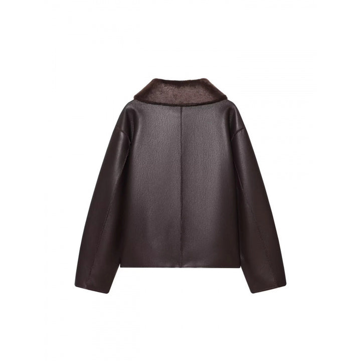 Damen Kurze Wende‑Lammfelljacke mit vollem Umlegekragen und warmer Teddyfütterung Drune