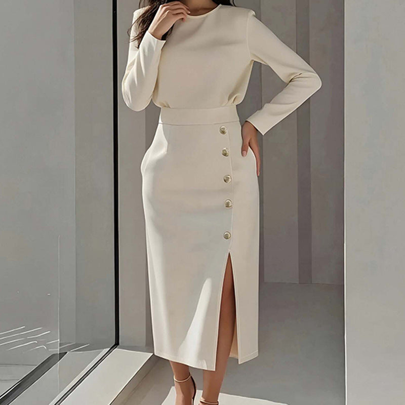 Damen Elegantes Midi-Kleid mit Knopfdetail und seitlichem Schlitz Drune