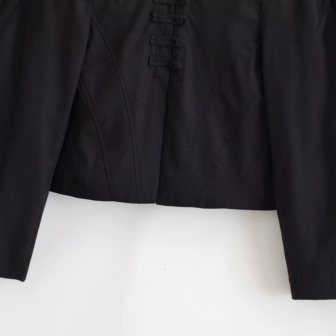 Damen Kurze Taillierte Blousonjacke mit Stehkragen, dekorativen Schlaufen und Teilungsnähten Drune