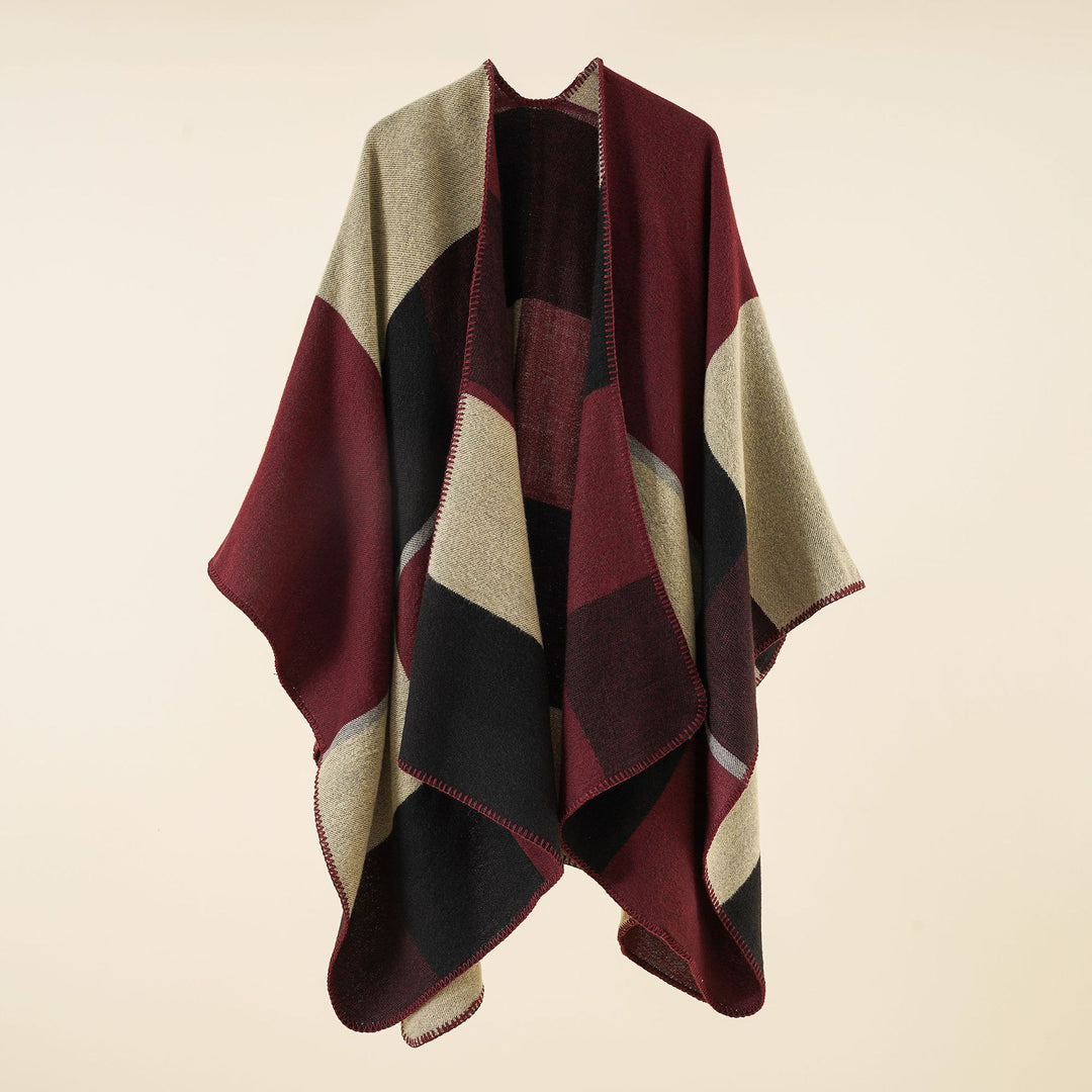 Damen Dreieckiger Strickponcho mit geometrischem Jacquardmuster und Ziernaht Drune