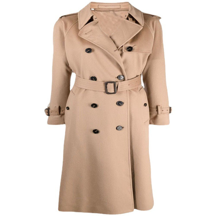 Damen Midilanger Wollmix-Trenchcoat im Tailoring mit Doppelreihe, Taillengürtel und Epauletten Drune