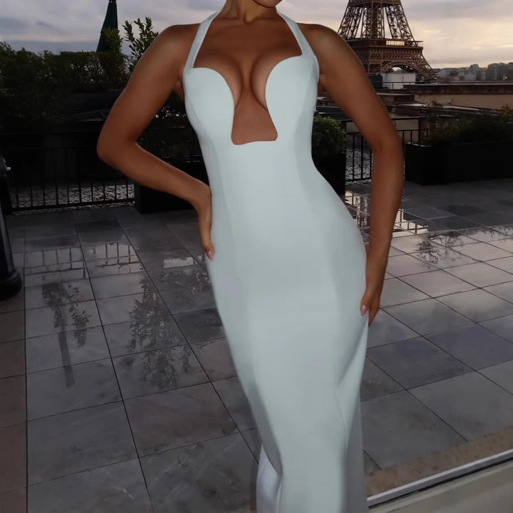 Damen Elegantes Maxikleid mit tiefem V-Ausschnitt und schmeichelnder Silhouette Drune