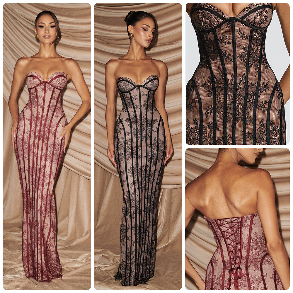 Damen figurbetontes Spitzenkleid mit Bustier-Oberteil und eleganten Details Drune