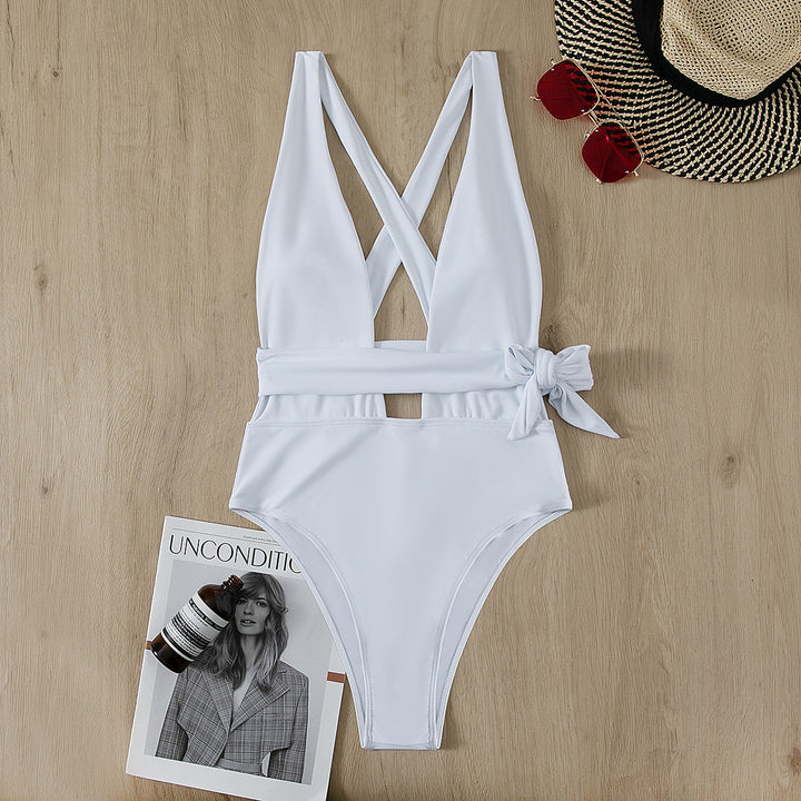 Damen Sportlicher Einteiler-Badeanzug mit Cross-Back und Bindegürtel Drune