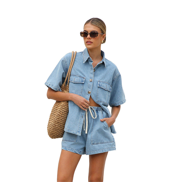 Damen lässige Kurzarm-Jeansbluse mit passender Shorts Drune