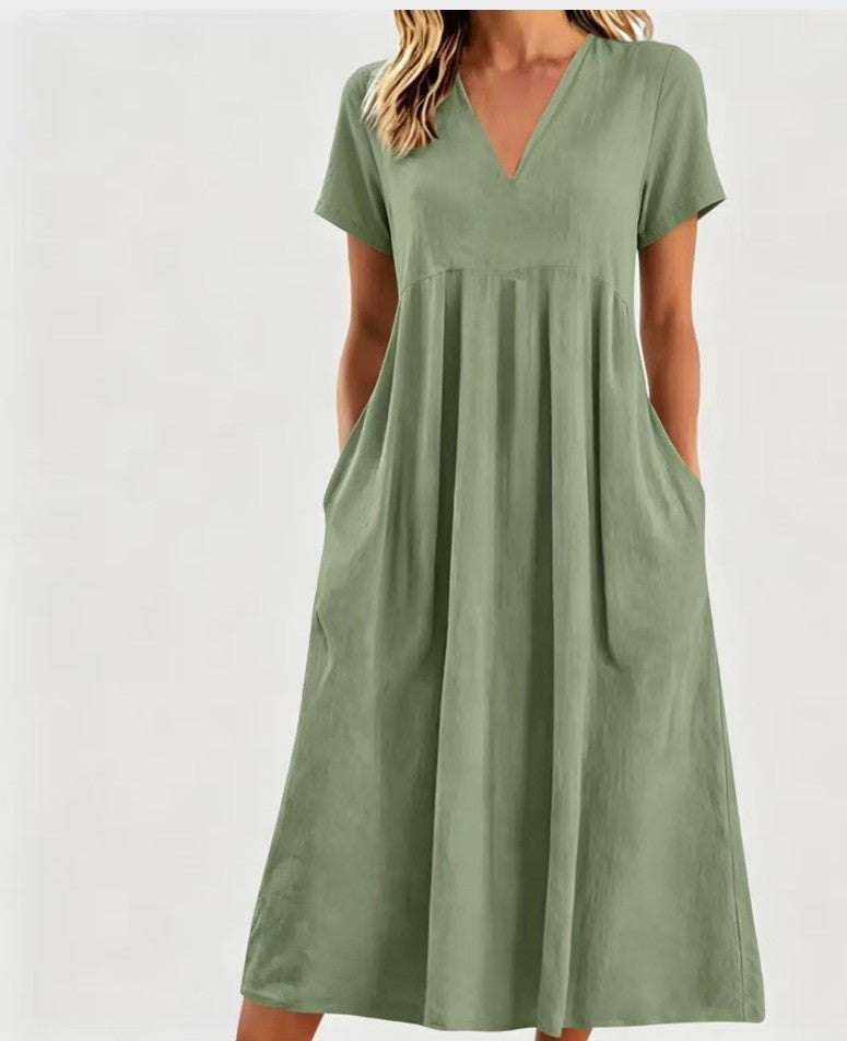 Damen nan legeres V-Ausschnitt-Midikleid mit Eingrifftaschen und geraffter Empirenaht Drune