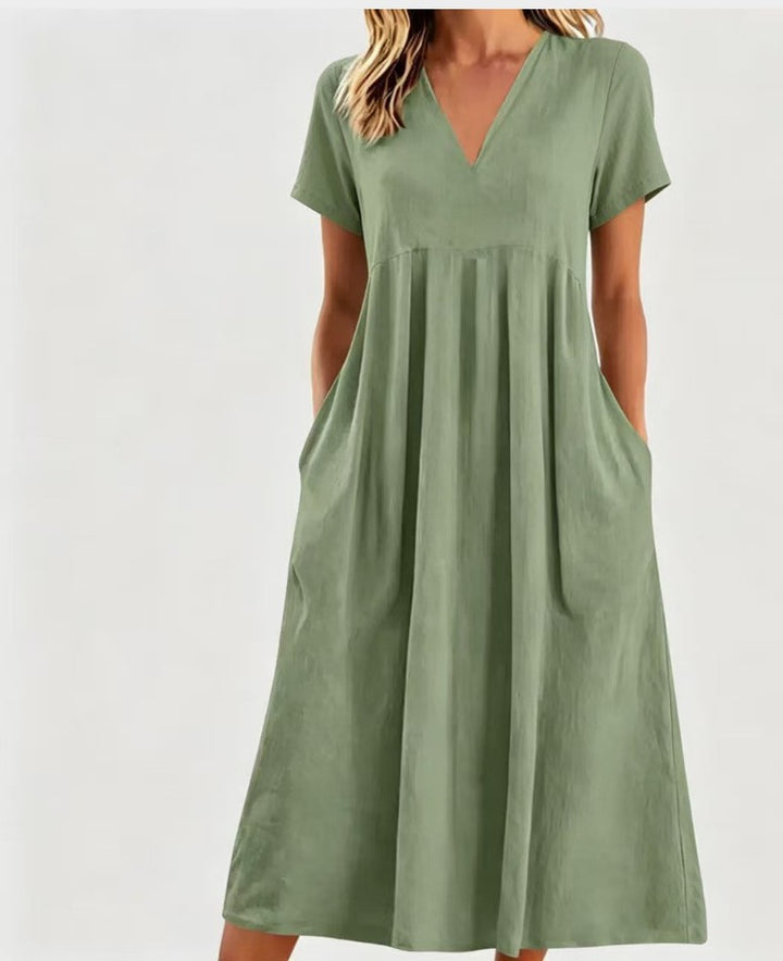 Damen nan legeres V-Ausschnitt-Midikleid mit Eingrifftaschen und geraffter Empirenaht Drune