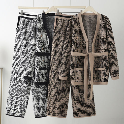 Damen lässiges Strick-Loungewear-Set mit geometrischem Muster Drune