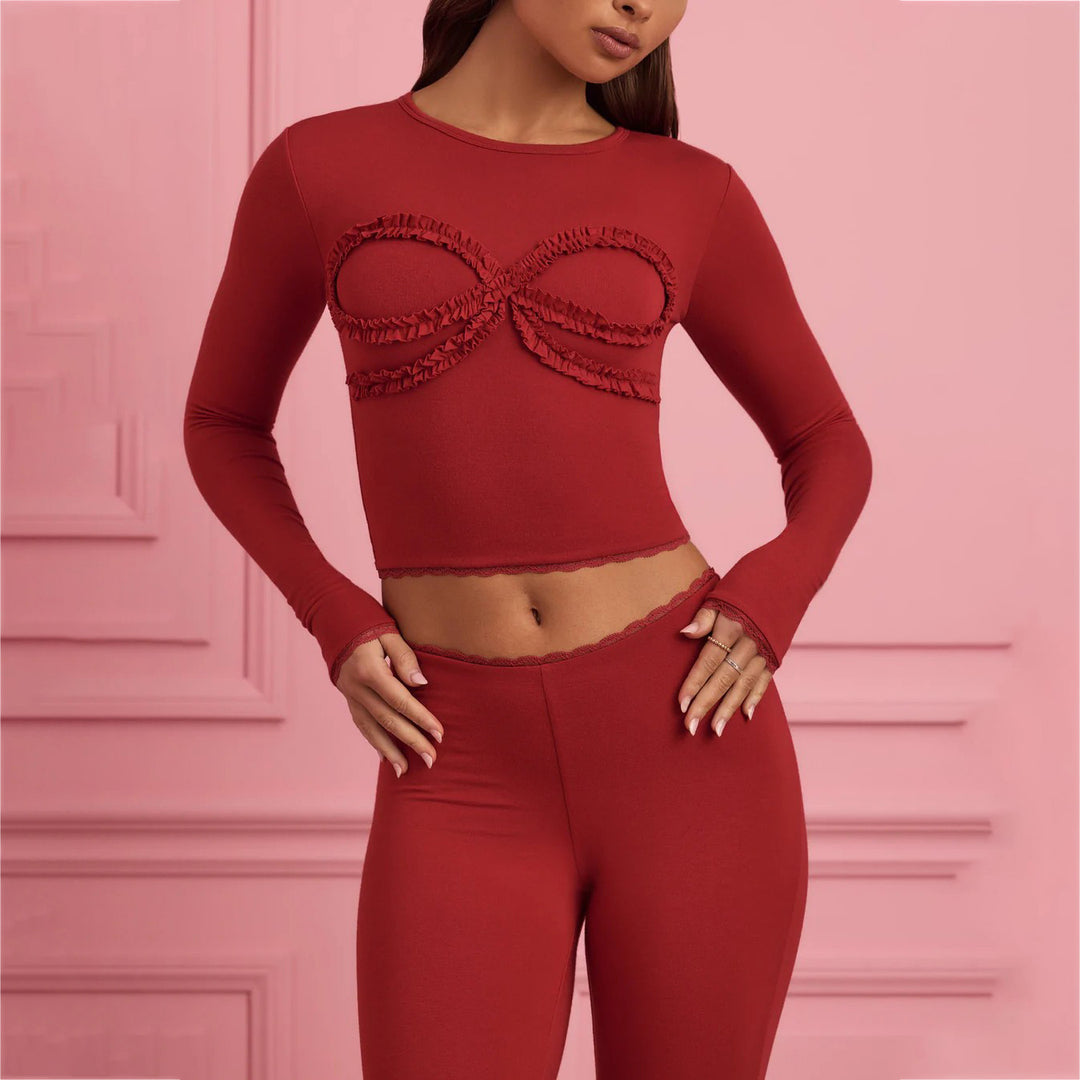 Damen körperbetontes Langarm-Crop-Top mit Rüschendetails Drune