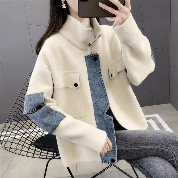 Damen Übergangsjacke mit modernem Denim-Detail und hohem Kragen Drune