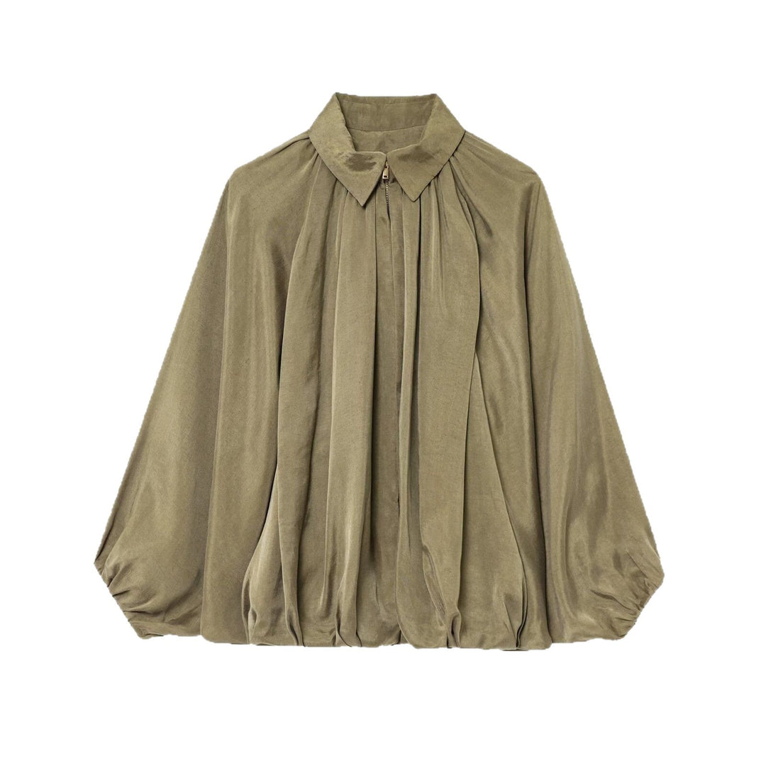 Damen Oversize-Hemdbluse mit Reißverschluss, Kräuselung und Ballonärmeln Drune
