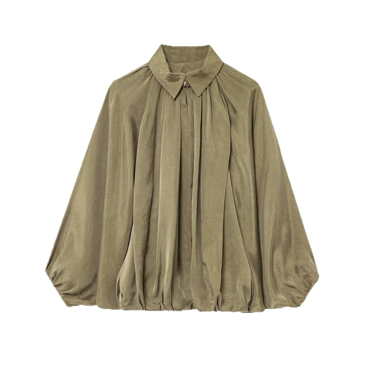 Damen Oversize-Hemdbluse mit Reißverschluss, Kräuselung und Ballonärmeln Drune