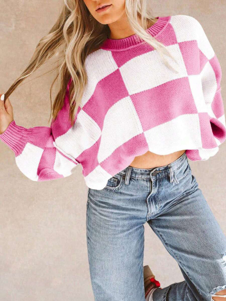 Damen lässiger pullover mit Karo-Muster und weiten Ärmeln Drune