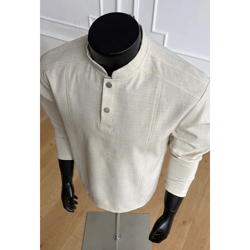 Herren Elegant modernes Langarm-Shirt mit Stehkragen und Knopfleiste Drune