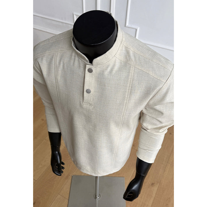 Herren Elegant modernes Langarm-Shirt mit Stehkragen und Knopfleiste Drune