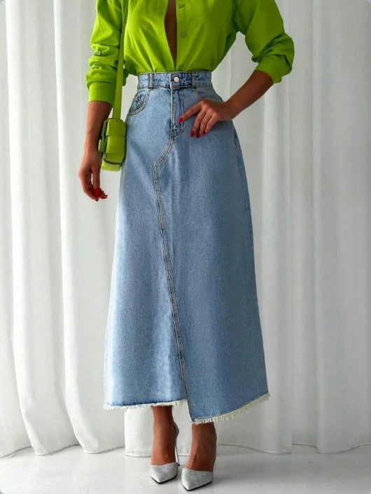 Damen Hochtaillierter Maxi-Denimrock mit asymmetrischer Vordernaht und fransigem Saum Drune