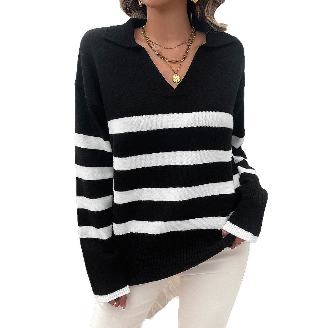 Damen nan lässiger V‑Ausschnitt Strickpullover mit Polokragen, gerippten Ärmelsäumen und markanten Blockstreifen Drune