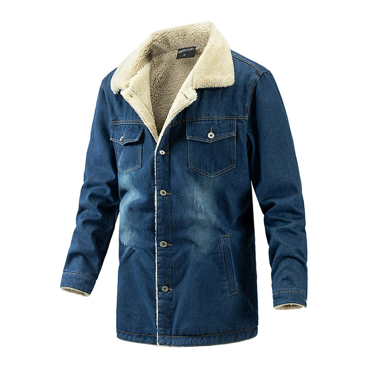 Herren Wattierte Denimjacke mit Sherpa-Futter und verlängertem Outdoor-Schnitt Drune