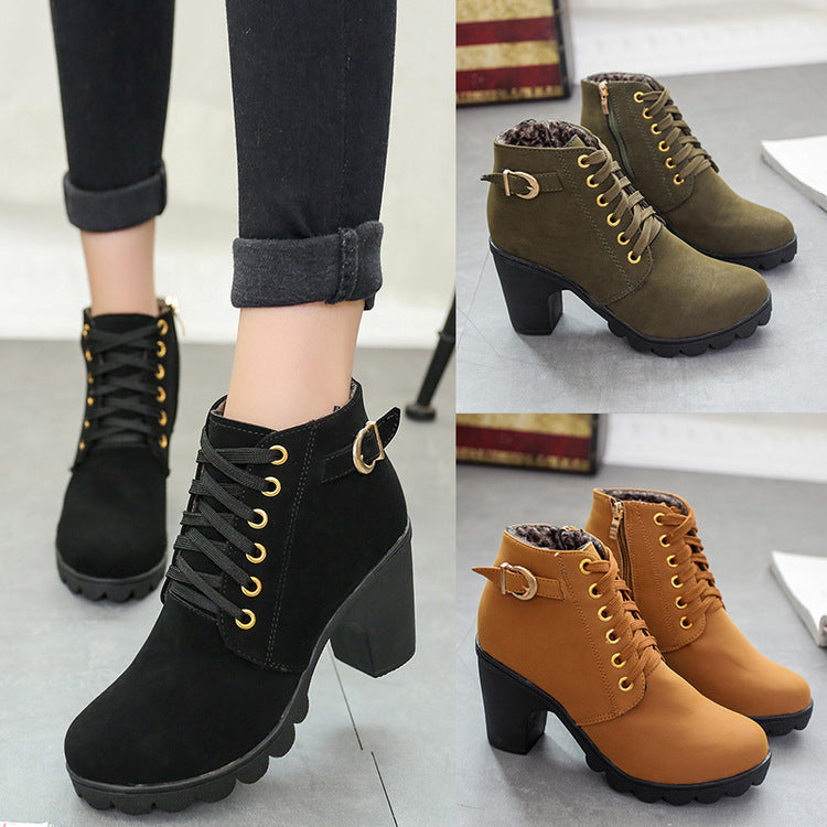 Damen nan elegante Schnür-Stiefelette mit mittlerem Blockabsatz, profilierter Gummilaufsohle und dekorativer Metallschnalle Drune