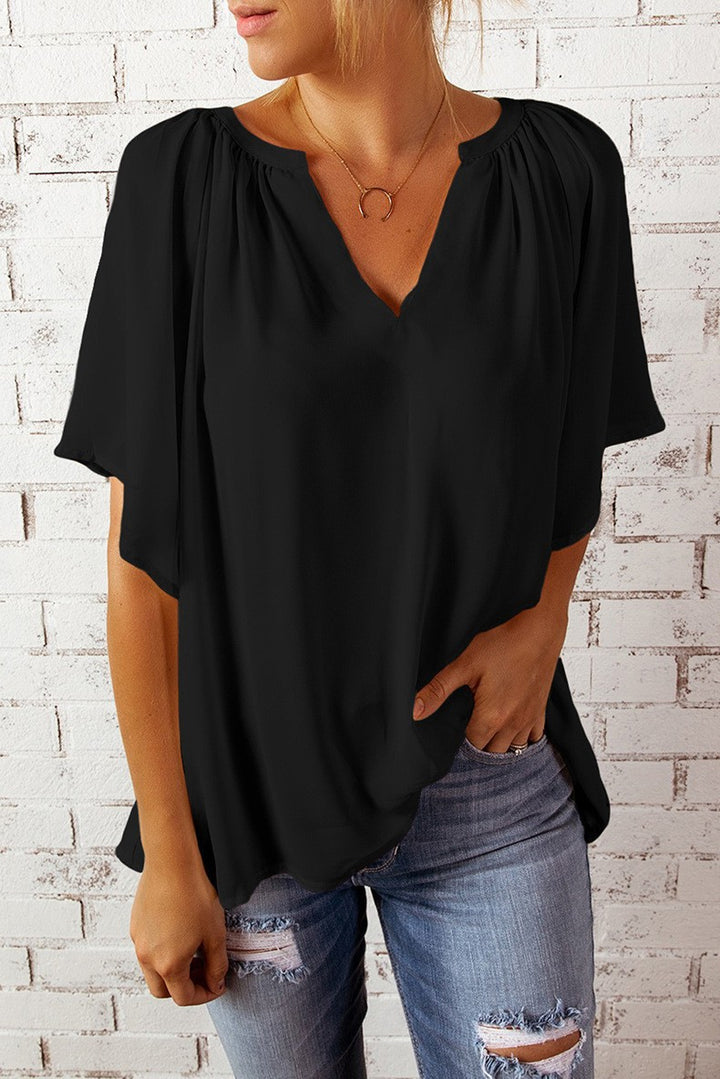 Damen luftige Bluse mit V-Ausschnitt und sanftem Faltenwurf Drune