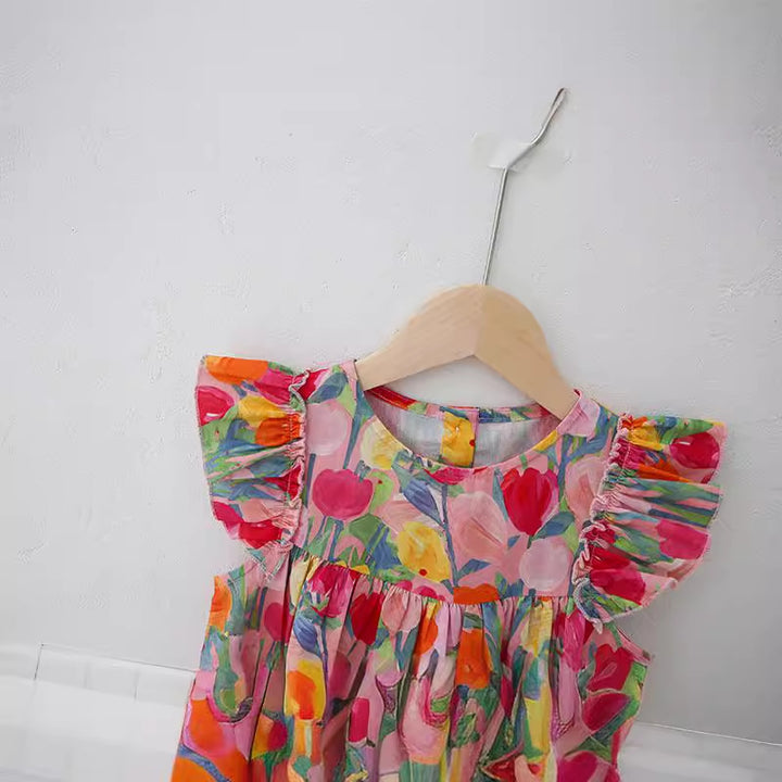 Mädchen Floral Print Rüsch A-Linie Kleid Drune