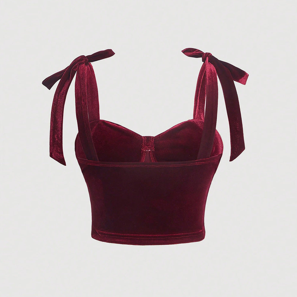 Damen Cropped Top aus samtartigem Material mit dekorativem Bindeband Drune
