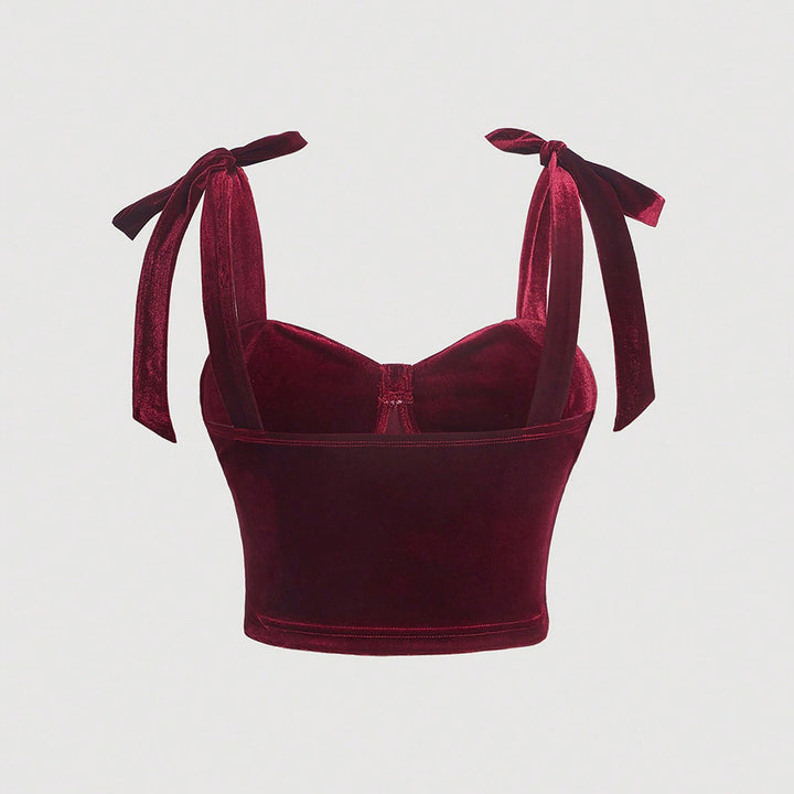 Damen Cropped Top aus samtartigem Material mit dekorativem Bindeband Drune
