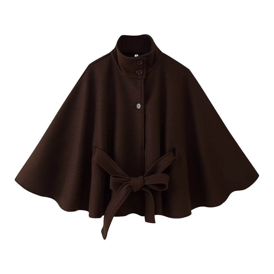 Damen 2900+ eleganter kurzer Cape‑Umhang mit Stehkragen, Knopfleiste und Taillenband Drune