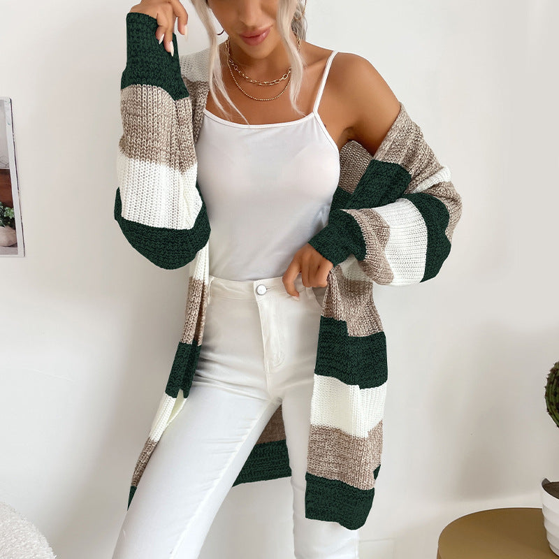 Damen Longline Strickcardigan mit breiten Blockstreifen, offener Front und überschnittener Schulter Drune