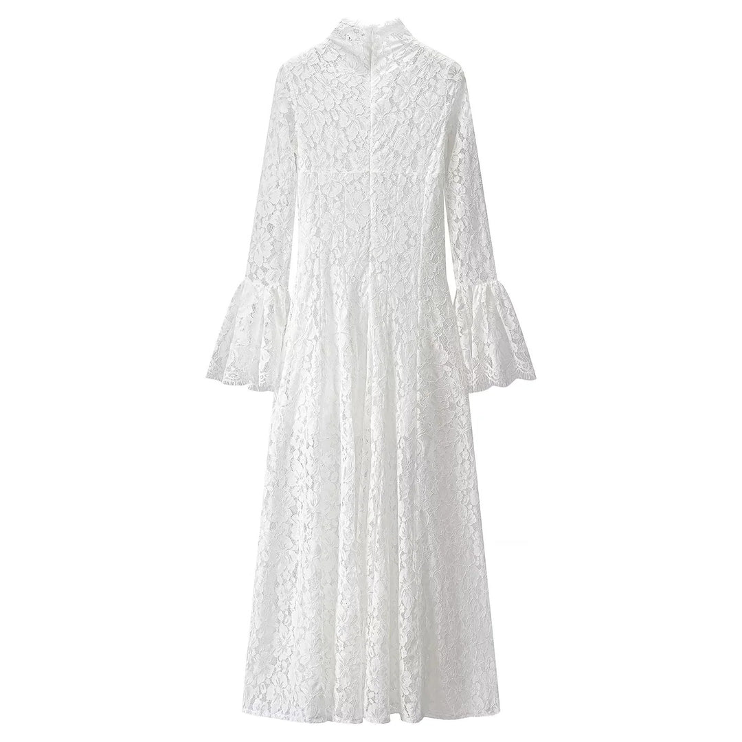 Damen nan Spitzenkleid mit Stehkragen, ausgestellter A-Linie und Glockenärmeln Drune