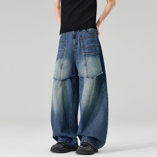 Damen Extraweite Denim-Palazzo-Hose mit aufgesetzten Vorderpanelen und Used-Waschung Drune