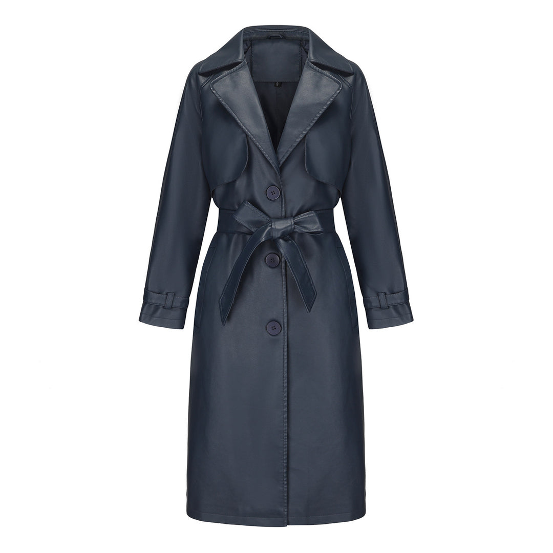 Damen nan langer taillierter Kunstleder-Trenchcoat mit Bindegürtel Drune