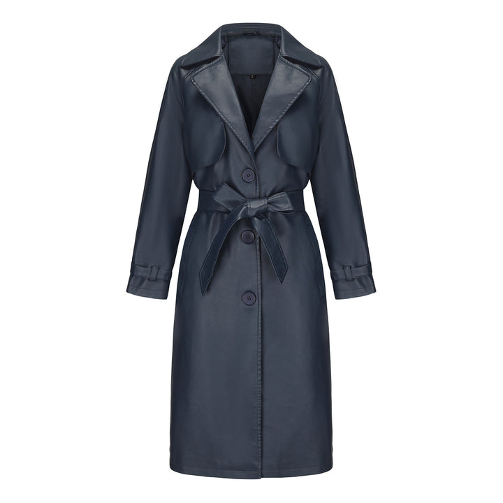 Damen nan langer taillierter Kunstleder-Trenchcoat mit Bindegürtel Drune