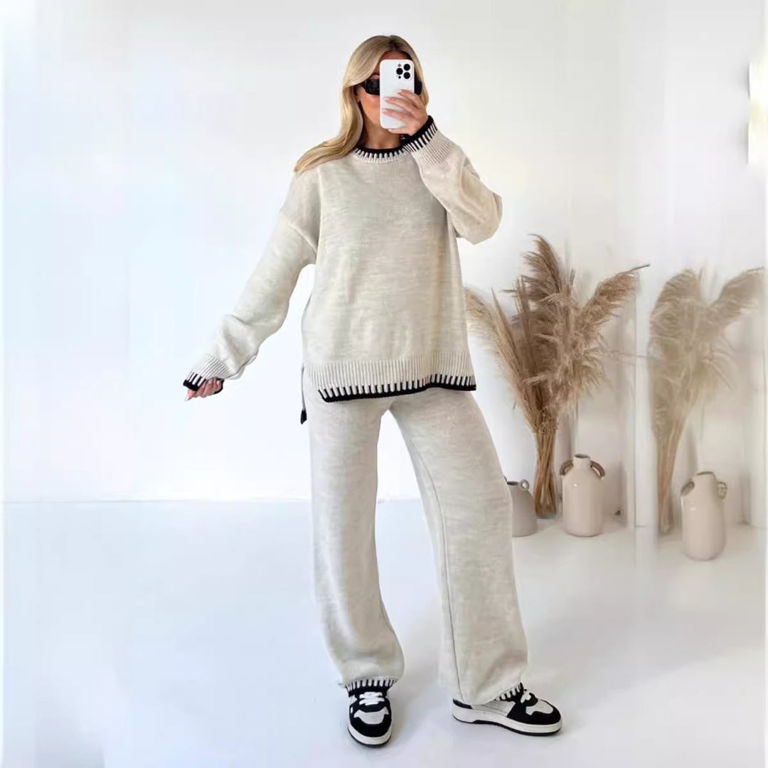Damen nan lässiger Strick-Hausanzug mit Oversize-Pullover und weiter Strickhose Drune