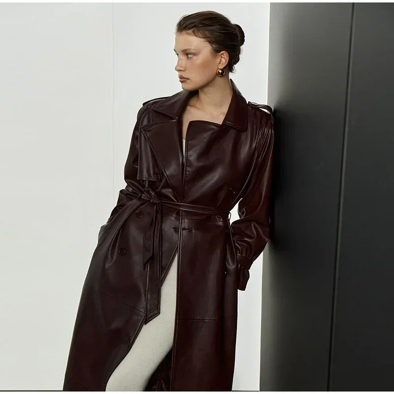 Damen Eleganter Kunstleder-Trenchcoat mit tailliertem Gürtel Drune