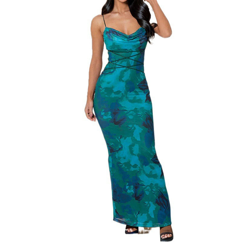 Damen Maxi-Kleid mit elegantem Wasserfallausschnitt und dekorativen Spaghetti-Trägern Drune