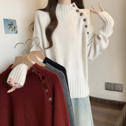 Damen eleganter Rollkragenpullover mit Knopfdekoration und strukturierter Textur Drune