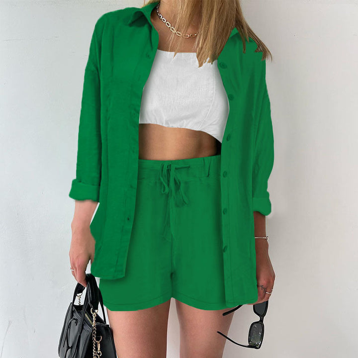 Damen Leinenoptik dreiteiliges Sommer-Lounge-Set mit Oversize-Hemd Cropped-Top und High-Waist-Shorts Drune