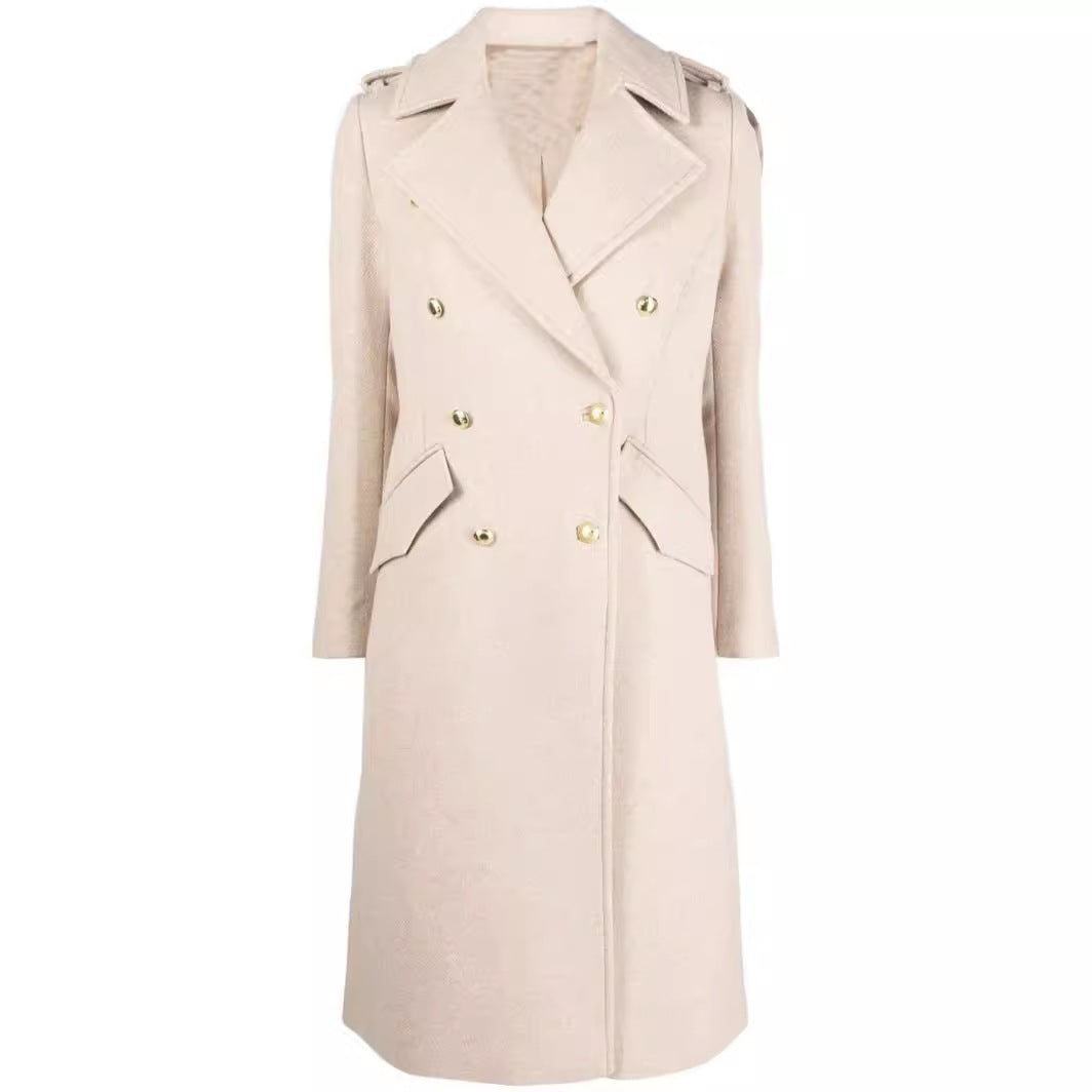 Damen Midilanger Doppelreihiger Tailoring‑Mantel mit taillierter Nahtführung und Zierriegeln Drune