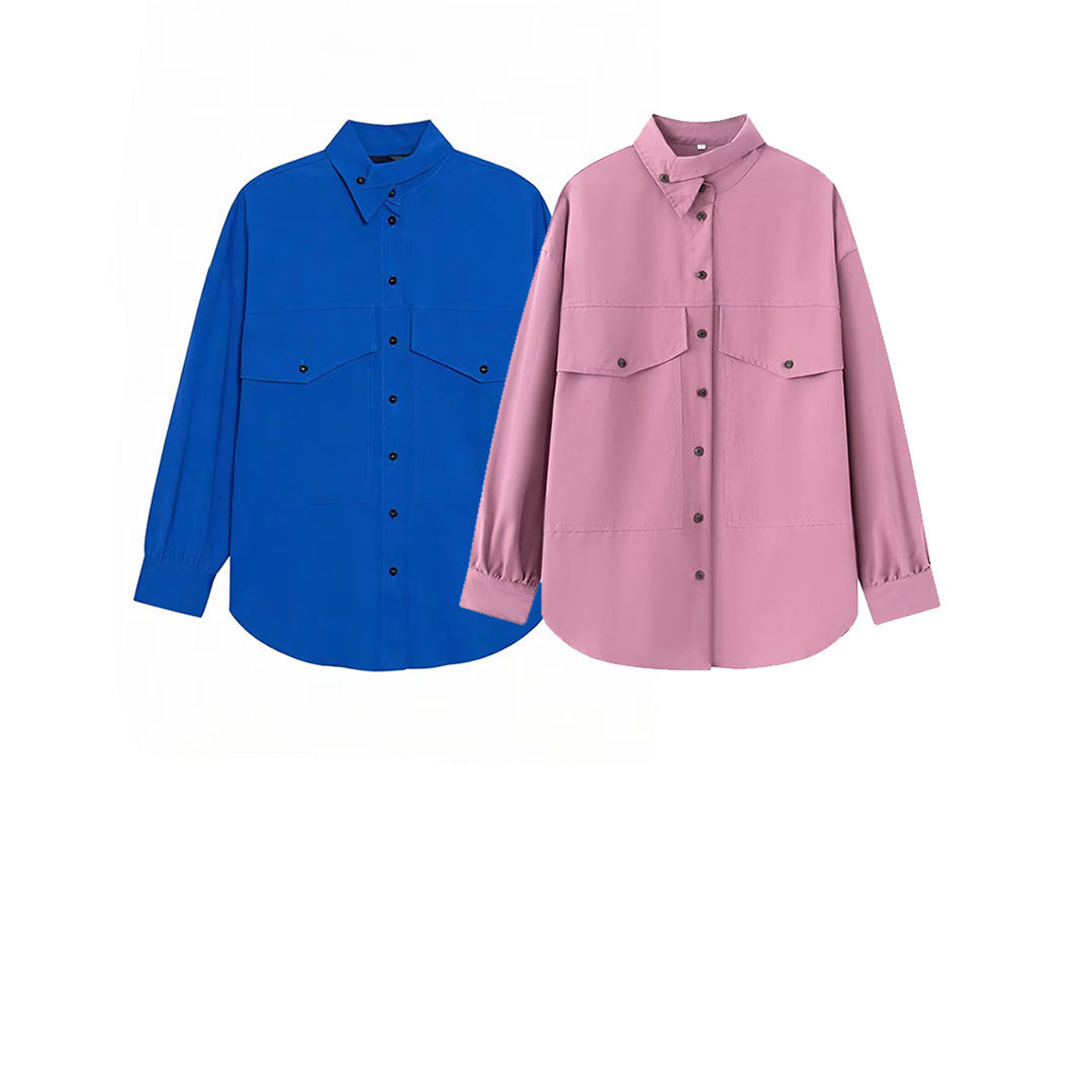 Damen Oversized Utility-Hemdbluse mit überschnittener Schulter, Pattentaschen und Stehkragen Drune